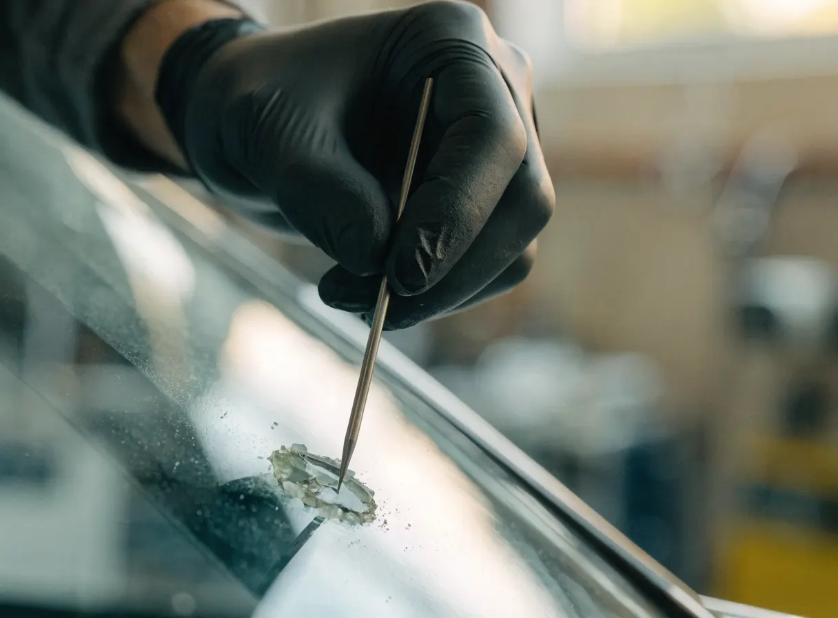 Die Einschlagstelle wird mit einer feinen Sonde von losen Glassplittern befreit