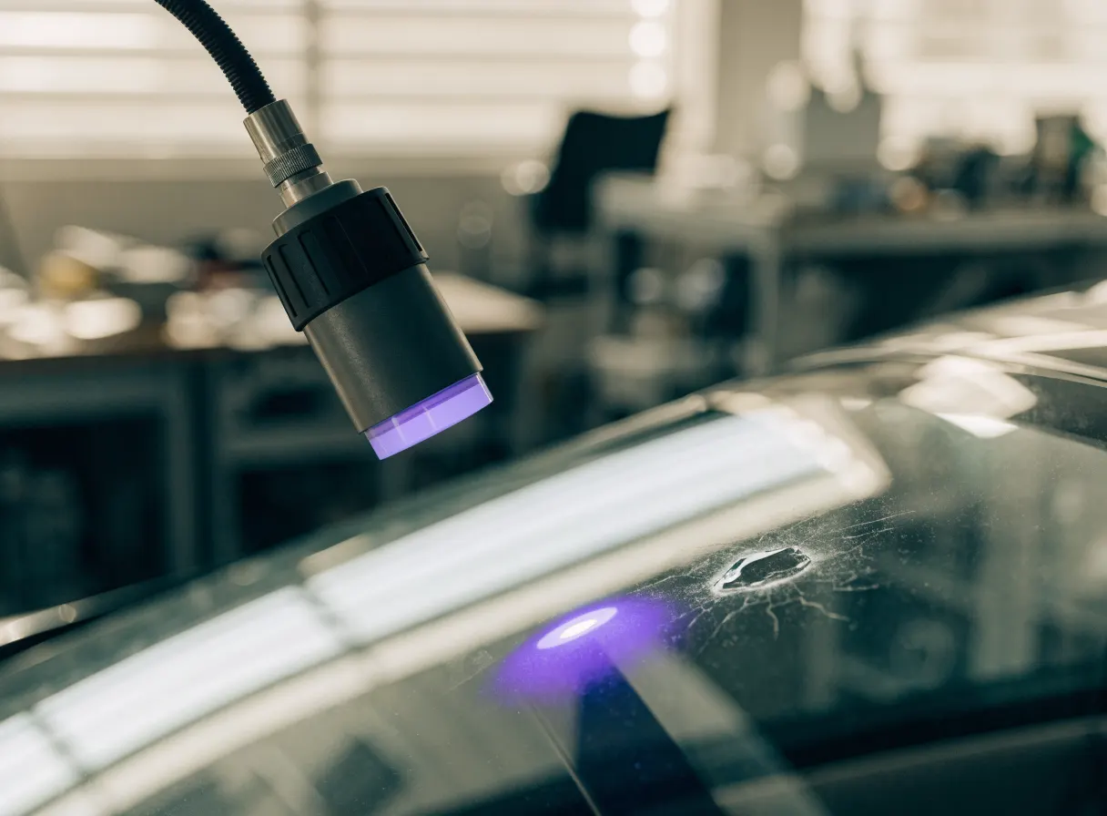 UV-Lampe härtet das eingefüllte Harz über der Einschlagstelle aus