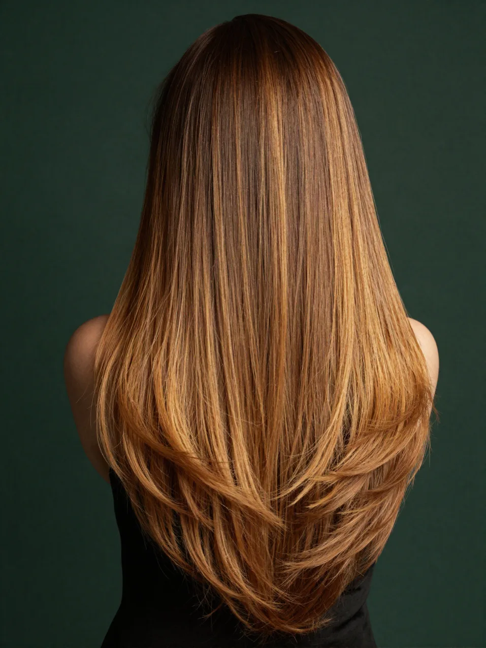 Lange Haare mit Balayage-Verlauf von dunklem Ansatz zu honigblonden Spitzen