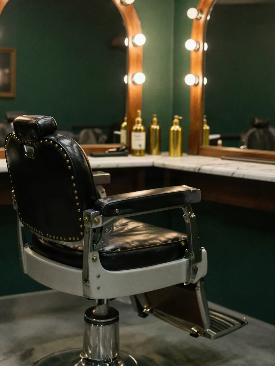 Klassischer Barberstuhl aus schwarzem Leder mit Messingnieten vor dunkelgrüner Vertäfelung