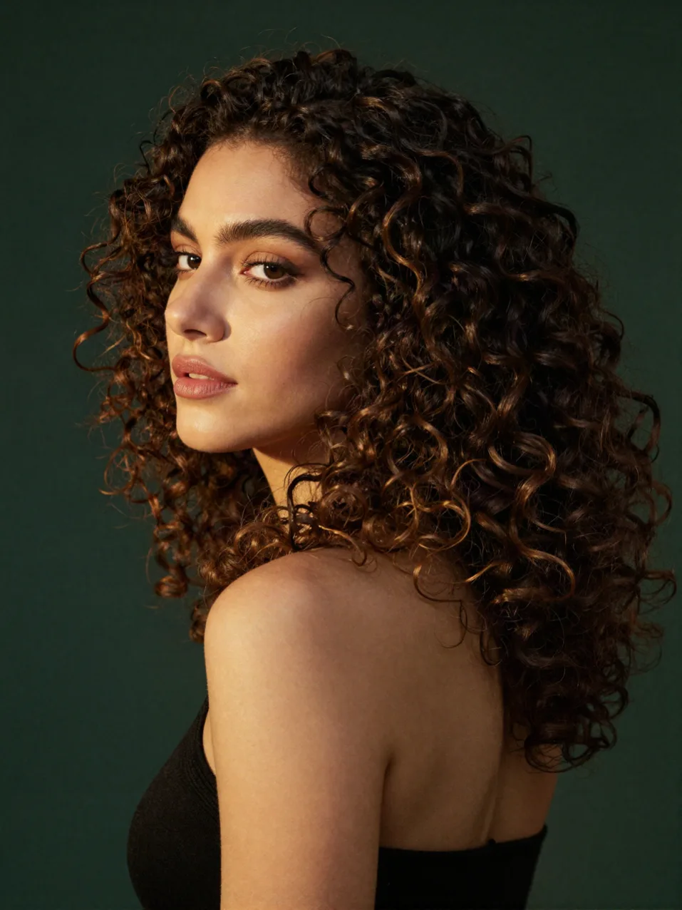 Frau mit voluminösen definierten Locken im Profil