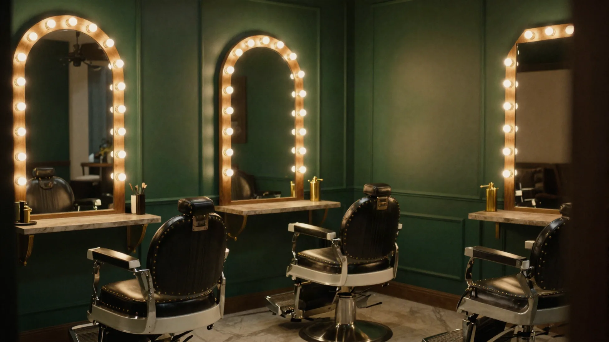 Salon von Professional Hair Style in Dortmund: dunkelgrüne Wandvertäfelung, Messingdetails und klassische Barberstühle